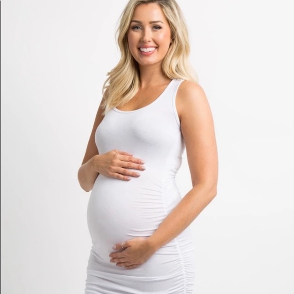 White Ruched Fitted Maternity Bodycon Midi Dress - Picture 2 of 9